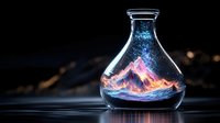 Mystical mountain landscape inside glass flask with glowing blue particles and pink peaks against dark background, creating magical laboratory atmosphere.
