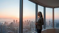 Businesswoman in formal attire standing at floor-to-ceiling windows overlooking sprawling cityscape during golden hour sunset, suitable for corporate and professional themes.
