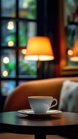 White coffee cup and saucer on dark table in cozy cafe interior with warm lamp lighting and window reflections creating atmospheric evening ambiance.