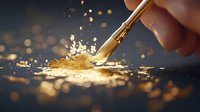 Golden paint brush stroke creating splash and sparkles on dark background with dramatic lighting and bokeh effect, macro photography for artistic design.