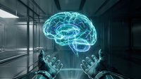 Robotic hands reaching toward glowing cyan brain hologram in futuristic laboratory setting representing artificial intelligence and machine learning technology.