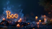 Glowing "Boo" text with burning candles in dark mystical forest setting, orange bokeh lights and smoke create spooky Halloween atmosphere.