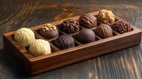 Assorted luxury chocolate truffles and pralines in wooden box on dark rustic table. Gourmet confectionery with white, milk and dark chocolate varieties.