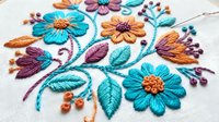 Colorful hand embroidered floral design with turquoise and orange flowers on white fabric. Traditional needlework craft for textile decoration and DIY projects.