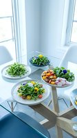 Fresh salads with microgreens, edible flowers, cherry tomatoes, and radishes served on modern plates in a bright dining room.