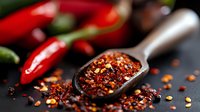 Crushed red chili pepper flakes and whole red chilies on dark background with metal scoop, macro shot showing texture and spice details for cooking.