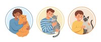 Young diverse pet owners holding cats in circular frames showing bonding moments with feline companions for veterinary and pet care designs.