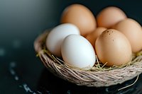 Fresh brown and white chicken eggs in rustic nest with straw on dark background, selective focus. Natural organic farm produce for healthy eating.