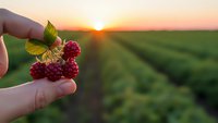Hand holding fresh red raspberries with green leaves against sunset agricultural field background for organic farming and healthy eating concepts.
