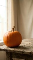 Orange pumpkin on rustic wooden table by window with soft natural light for autumn harvest decoration and seasonal home decor styling.