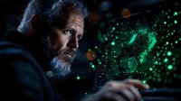Mature bearded man analyzing digital data visualization with green glowing particles, focused on cybersecurity monitoring in dark environment.