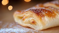 Freshly baked flaky pastry with powdered sugar dusting and layered dough texture captured in macro view against blurred warm bokeh lights background.