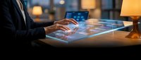 Professional businessman using futuristic holographic interface technology at modern office desk during evening work session with glowing digital displays.