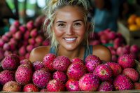 Young blonde woman with bright smile surrounded by fresh pink dragon fruit at local market stall, showcasing tropical produce and authentic market atmosphere.