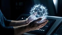 Businessman hands holding glowing digital network sphere with connected nodes representing global connectivity, technology innovation and data communication concepts.