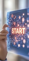 Hand touching futuristic holographic interface with START button and glowing network connections for business innovation and digital transformation concepts.