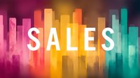 Colorful abstract background with sales text overlaid on vibrant gradient bars in rainbow colors creating modern dynamic business presentation design.