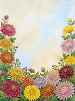 Watercolor chrysanthemum flowers frame with colorful blooms and green leaves on textured paper background for autumn greeting cards and invitations.