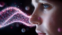 Young caucasian woman profile with glowing pink particle wave effect flowing towards nose, dramatic lighting and bokeh highlights on dark background creates magical atmosphere.