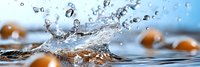 Dynamic water splash with crystal clear droplets frozen in motion against soft blue background with warm golden bokeh lights creating elegant aquatic movement.
