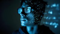 Young male professional with glasses illuminated by blue digital code projection, representing technology innovation and cybersecurity concepts.