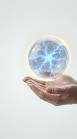Hand holding glowing sphere with electric neural network patterns inside transparent orb for technology and innovation concepts.