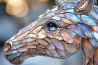 Metallic dragon head sculpture with iridescent scale pattern and striking blue glass eye detail, showcasing intricate craftsmanship against soft bokeh background.