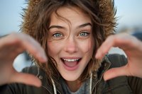 Young woman with bright blue eyes and freckles making heart shape with hands, wearing fur-trimmed hood, expressing joy and happiness outdoors.