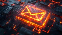 Glowing orange email envelope icon on digital circuit board background with futuristic lighting effects, representing digital communication technology.