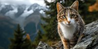 Tabby cat with white chest perched on rocky ledge against dramatic mountain landscape with autumn forest backdrop.