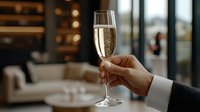 Hand in formal attire holding elegant champagne flute with sparkling wine against blurred luxury interior background. Golden bubbles rise in crystal glass. Celebration moment.