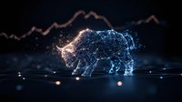 Glowing blue bull formed by connected dots and lines on dark background with stock market chart trend line, representing financial market strength and growth.
