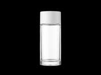 Clear glass bottle with white cap, isolated on transparent background. Ready for cosmetic, skincare, or packaging mockup designs, stickers, and print on demand use.