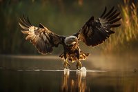 Majestic bald eagle landing on wooden post over calm water with wings spread wide in golden morning light creating powerful wildlife moment.