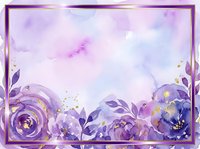 Watercolor floral frame with purple roses and gold accents on soft lavender background, isolated on transparent background for design projects.