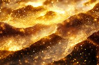 Magical golden waves of glittering particles creating abstract landscape with sparkles and bokeh effect in warm amber tones, macro photography.