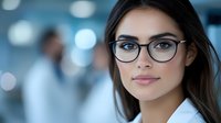 Young professional woman wearing glasses and white coat smiles confidently in modern office setting with blurred bokeh background. Natural makeup and trendy eyewear showcase contemporary style.
