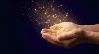 Cupped hands holding glowing golden light particles and sparkles against dark blue background, symbolizing magic, hope, dreams, and spiritual energy.