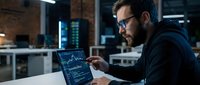 Male software developer or IT professional of Caucasian ethnicity wearing glasses and dark hoodie analyzing data visualization on tablet in modern tech workspace with brick walls and computer equipment.