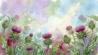 Watercolor thistle flowers in purple and green tones on a soft pastel background, creating a delicate botanical art piece for cards and prints.