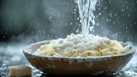 Fresh grated parmesan cheese falling into rustic bowl with dramatic lighting and splashing powder effect, macro food photography for culinary content.