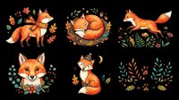 Cute fox illustrations with autumn foliage, isolated on transparent background. Ready for t-shirt design, clipart, stickers, print-on-demand products, and sublimation projects.