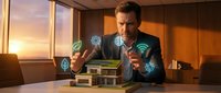 Mature male professional in business attire examining architectural model with glowing digital holographic overlays in modern office at sunset, representing smart building technology and real estate innovation.