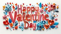 Festive paper art composition with red Happy Valentine's Day lettering, hearts and floral elements in pink and blue tones on light background. For greeting cards.