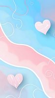 Soft pink and blue pastel background with white wavy lines and sketched hearts creates gentle romantic mood for valentines, wedding or baby shower designs.