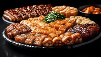 Grilled Korean barbecue assortment on black plate featuring marinated meat cuts, seafood rolls, and traditional side dishes garnished with chopped green onions.