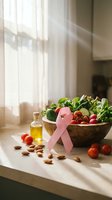 Pink ribbon with fresh vegetables, nuts and olive oil on kitchen counter promoting breast cancer awareness and healthy nutrition lifestyle.