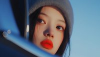 Young Asian woman wearing gray beanie and bright red lipstick in dramatic lighting with bokeh effect background, looking upward with contemplative expression.