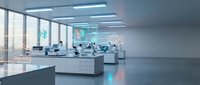 Modern laboratory interior with white workbenches, large windows, city view, scientific equipment and digital displays for research and development.