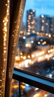 Cozy window view with glowing string lights and bokeh effect against blurred city skyline at dusk, creating warm atmospheric mood through rain-spotted glass.